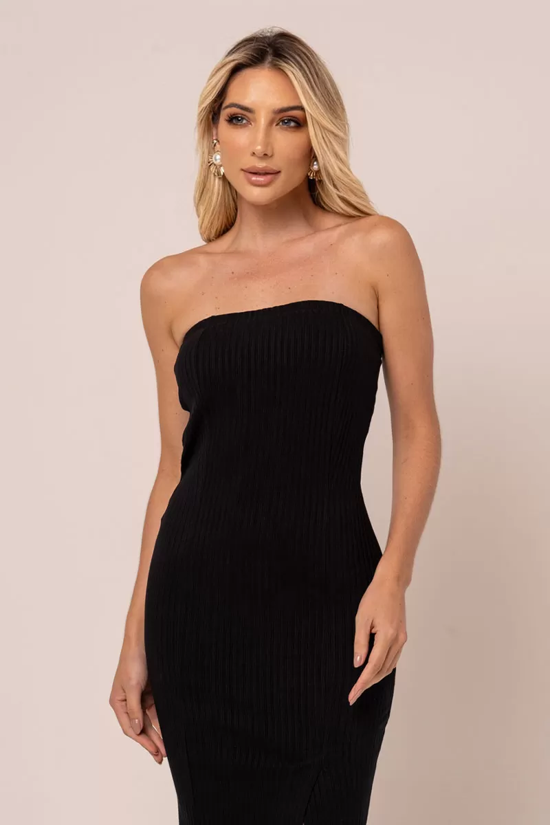 Miss Misses - Vestido Miss Misses Midi Canelado Sem Alças Preto - 54258PRETO