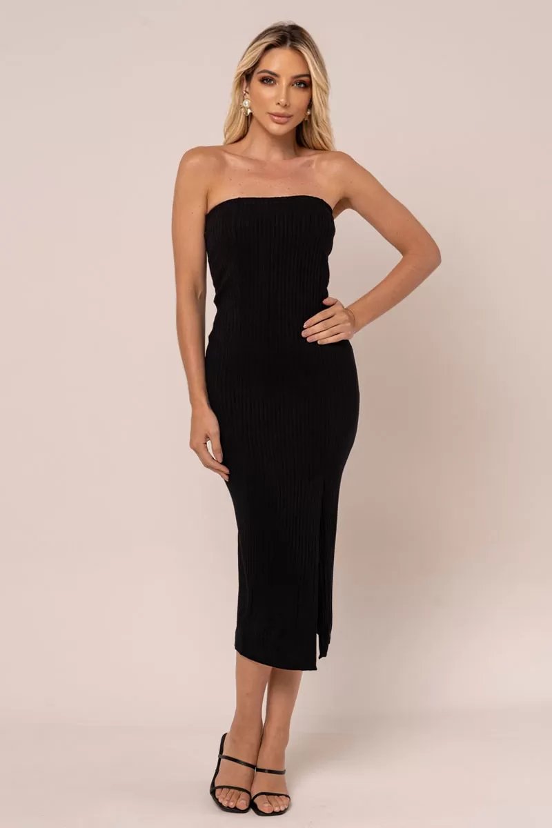 Miss Misses - Vestido Miss Misses Midi Canelado Sem Alças Preto - 54258PRETO