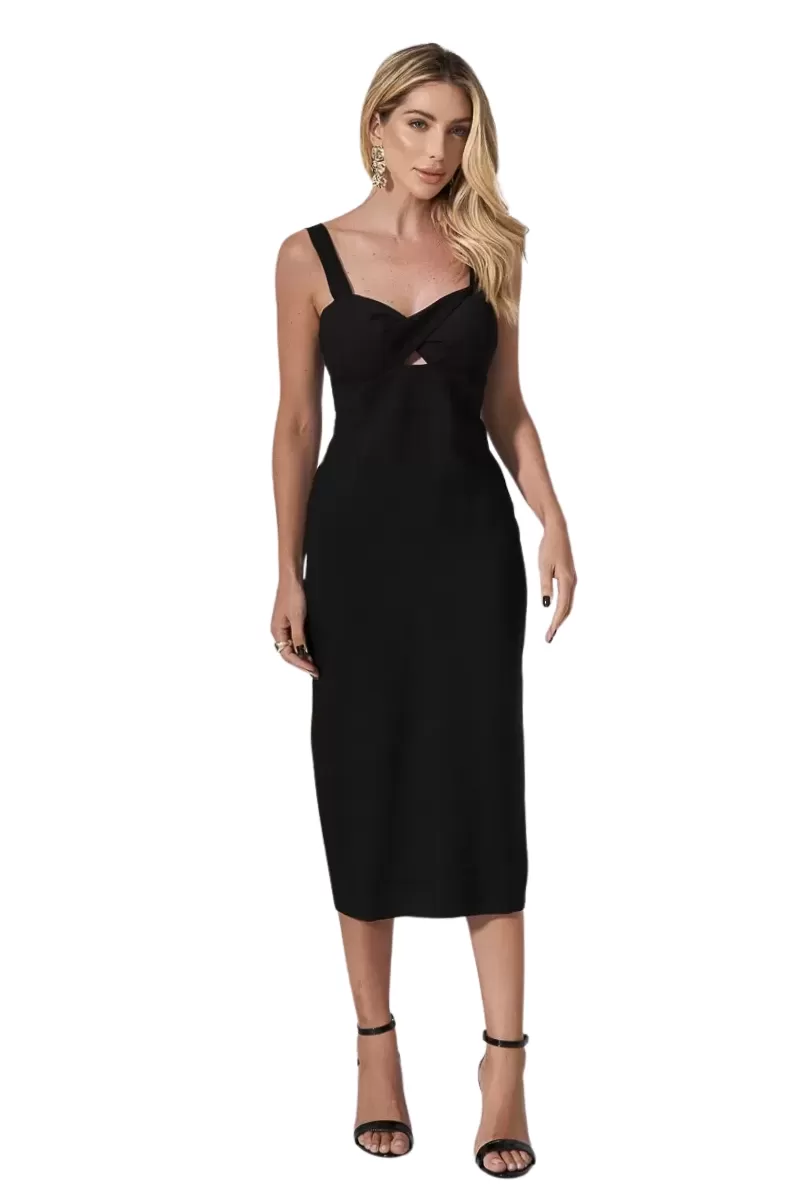 Miss Misses - Vestido Miss Misses Midi Com Bojo Decote Torcido Preto - 80530001