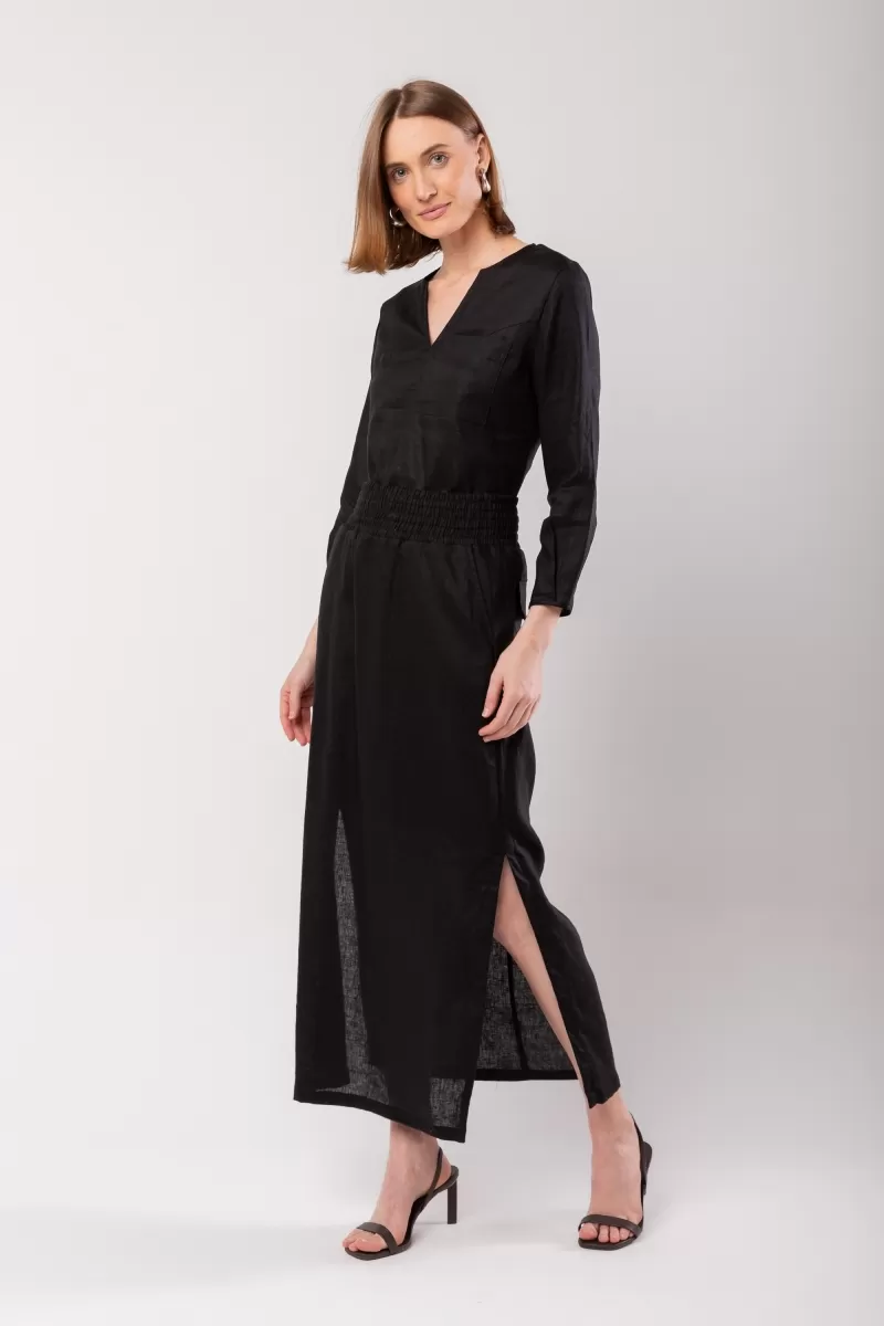 Hidrogênio - LONG STRAIGHT SKIRT WITH SIDE SLIT AND POCKET BLACK LINEN - 19997001