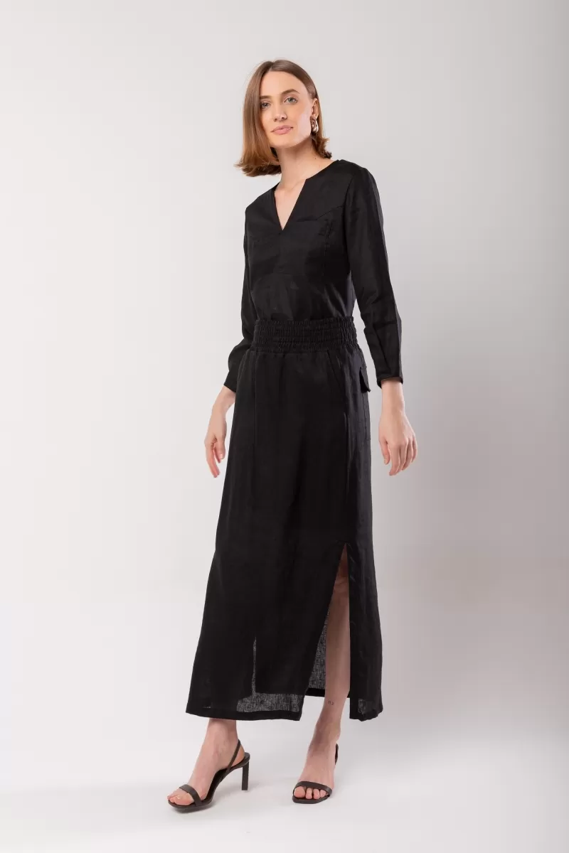 Hidrogênio - LONG STRAIGHT SKIRT WITH SIDE SLIT AND POCKET BLACK LINEN - 19997001