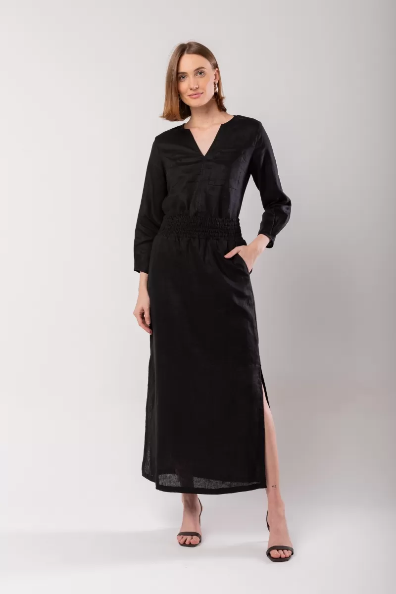 Hidrogênio - LONG STRAIGHT SKIRT WITH SIDE SLIT AND POCKET BLACK LINEN - 19997001