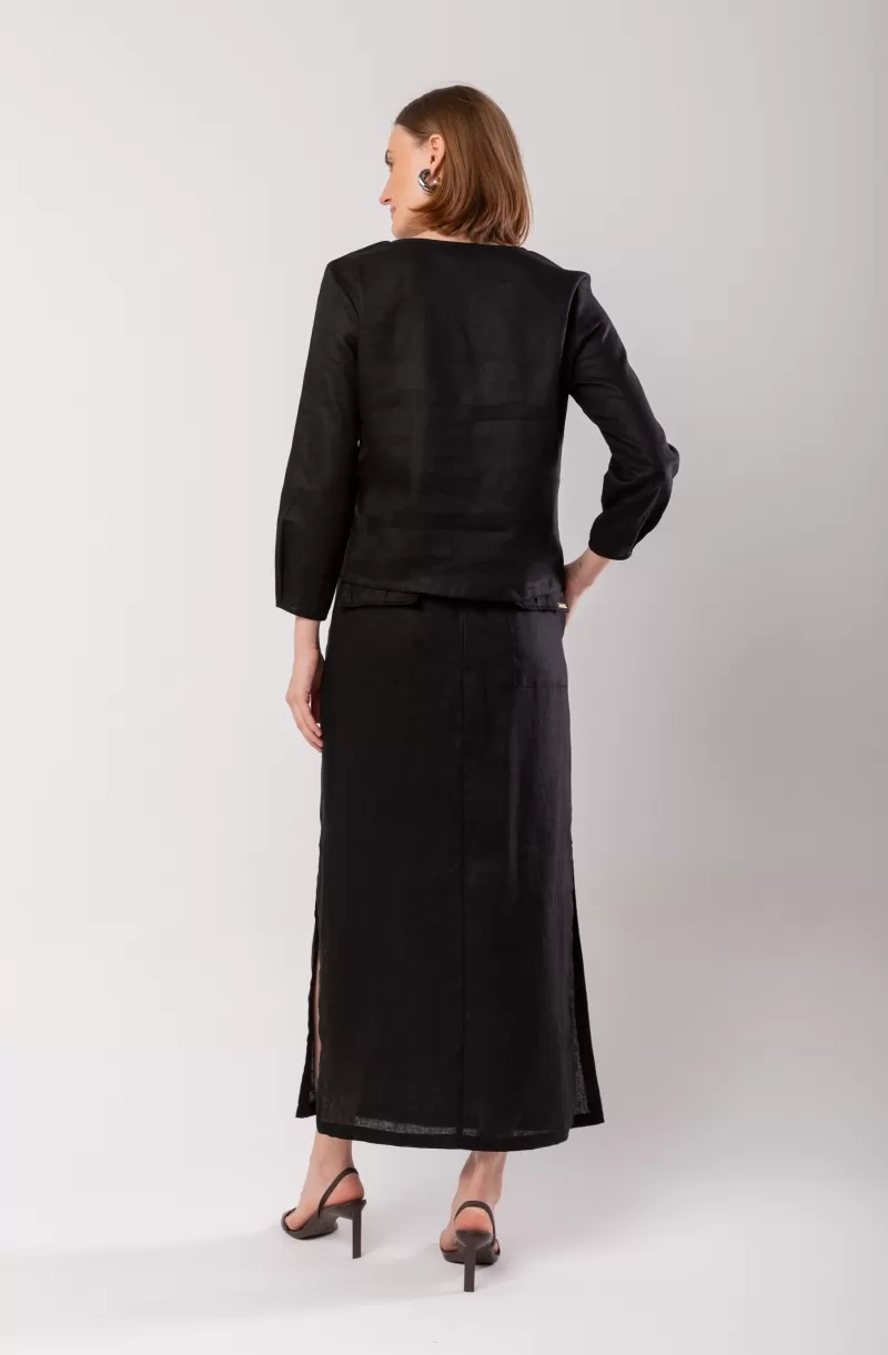 Hidrogênio - LONG STRAIGHT SKIRT WITH SIDE SLIT AND POCKET BLACK LINEN - 19997001