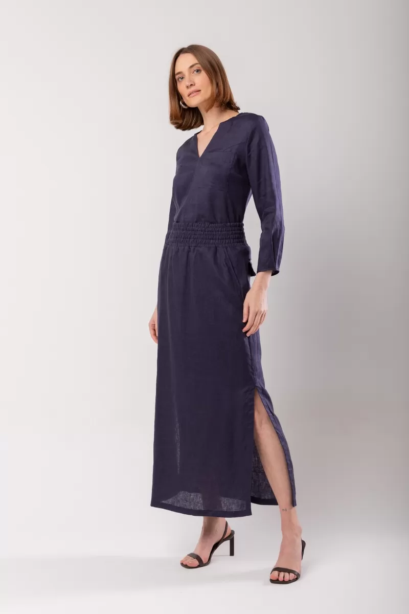 Hidrogênio - LONG STRAIGHT SKIRT WITH SIDE SLIT AND POCKET NAVY LINEN - 19997004
