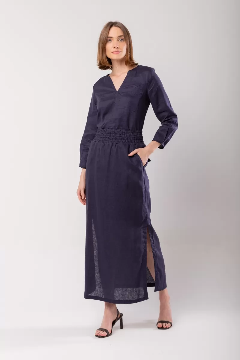 Hidrogênio - LONG STRAIGHT SKIRT WITH SIDE SLIT AND POCKET NAVY LINEN - 19997004