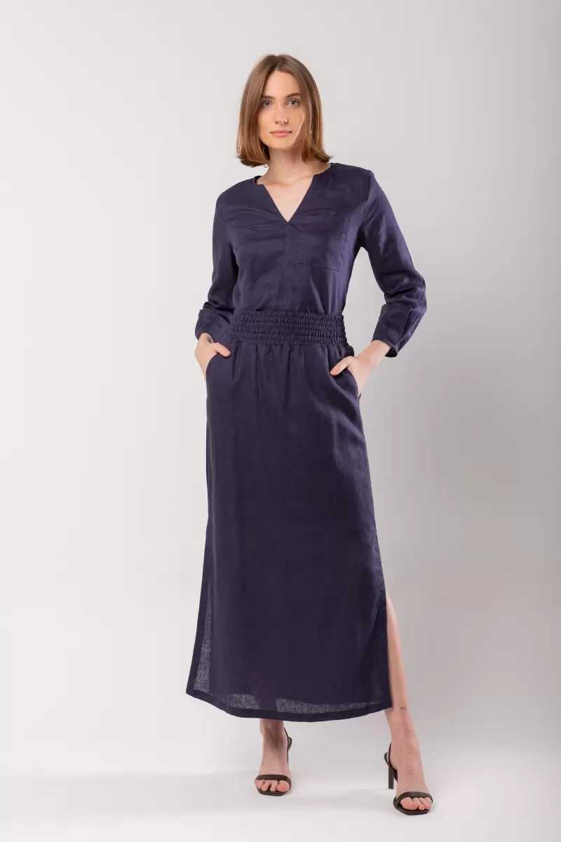 Hidrogênio - LONG STRAIGHT SKIRT WITH SIDE SLIT AND POCKET NAVY LINEN - 19997004