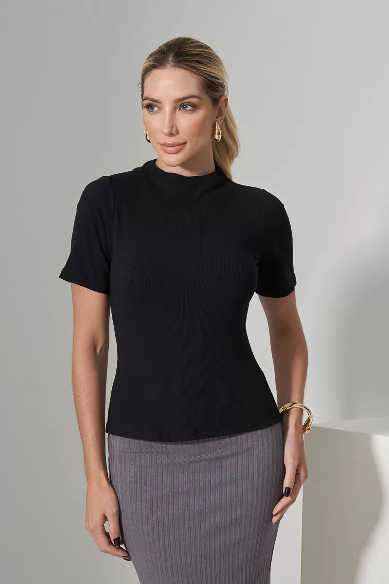 Miss Misses - Miss Misses Ribbed Shirt Medium Collar Black - 54325PRETO