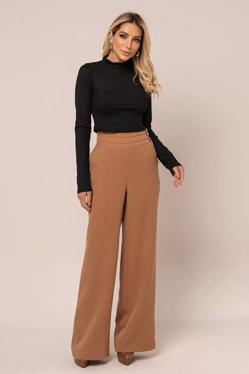 Miss Misses - Calça Miss Misses Com Cos Largo Com Botão Bege - 54312BEGE