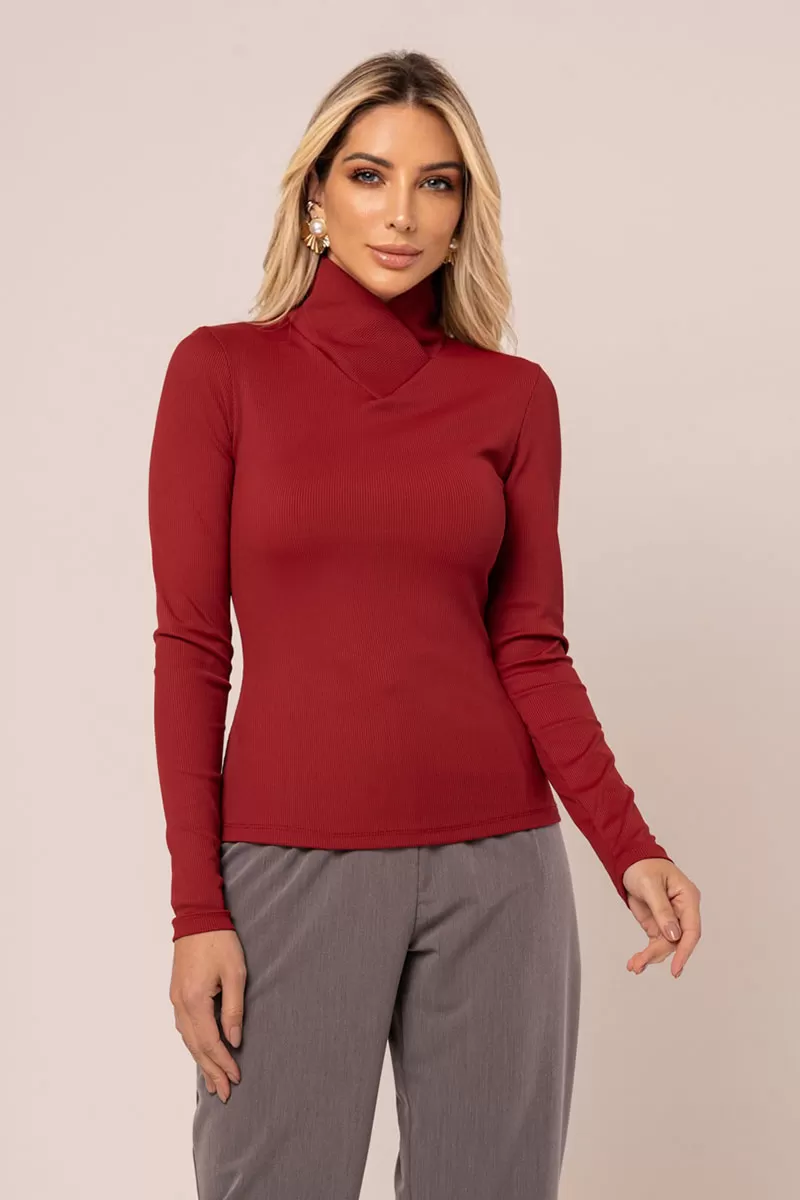 Miss Misses - Blusa Miss Misses Canelada Manga Longa Gola Alta Bordo - 54277BORDO