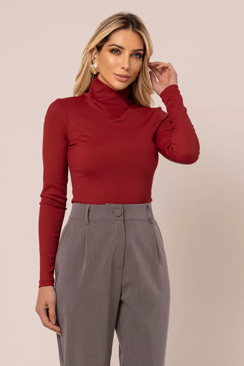 Miss Misses - Blusa Miss Misses Canelada Manga Longa Gola Alta Bordo - 54277BORDO