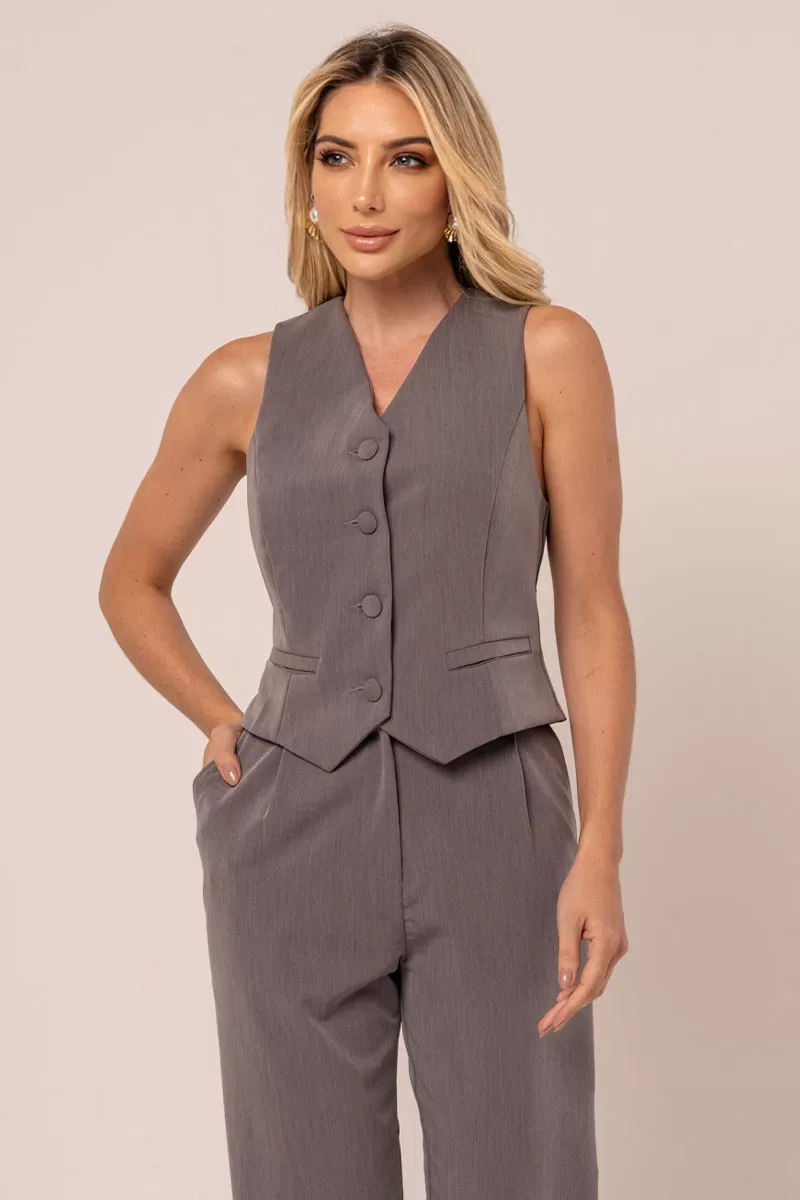 Miss Misses - Miss Misses Vest With Button and Fake Lead Pocket - 80537CINZA