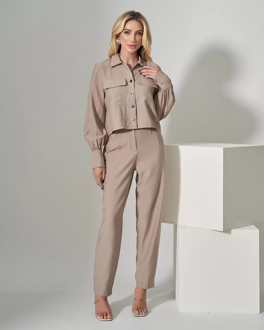 Miss Misses - Conjunto Miss Misses Camisa e Calça Cenoura Caqui - 54271BEGE