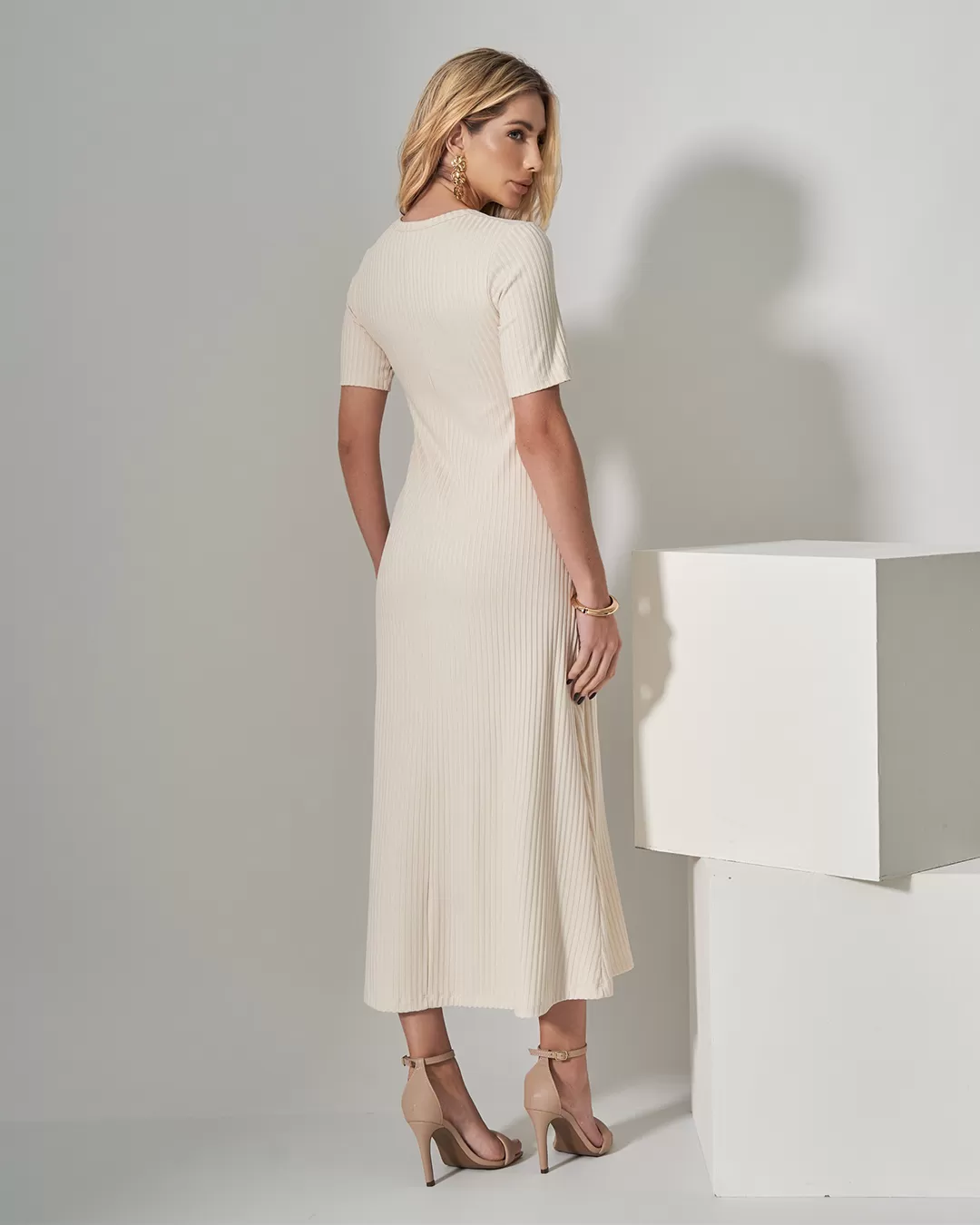 Miss Misses - Dress Miss Misses Midi Ribbed Square Collar Off White - 54316OFF