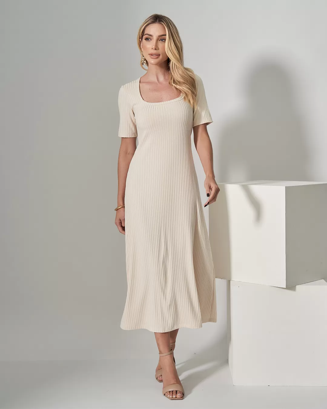 Miss Misses - Dress Miss Misses Midi Ribbed Square Collar Off White - 54316OFF