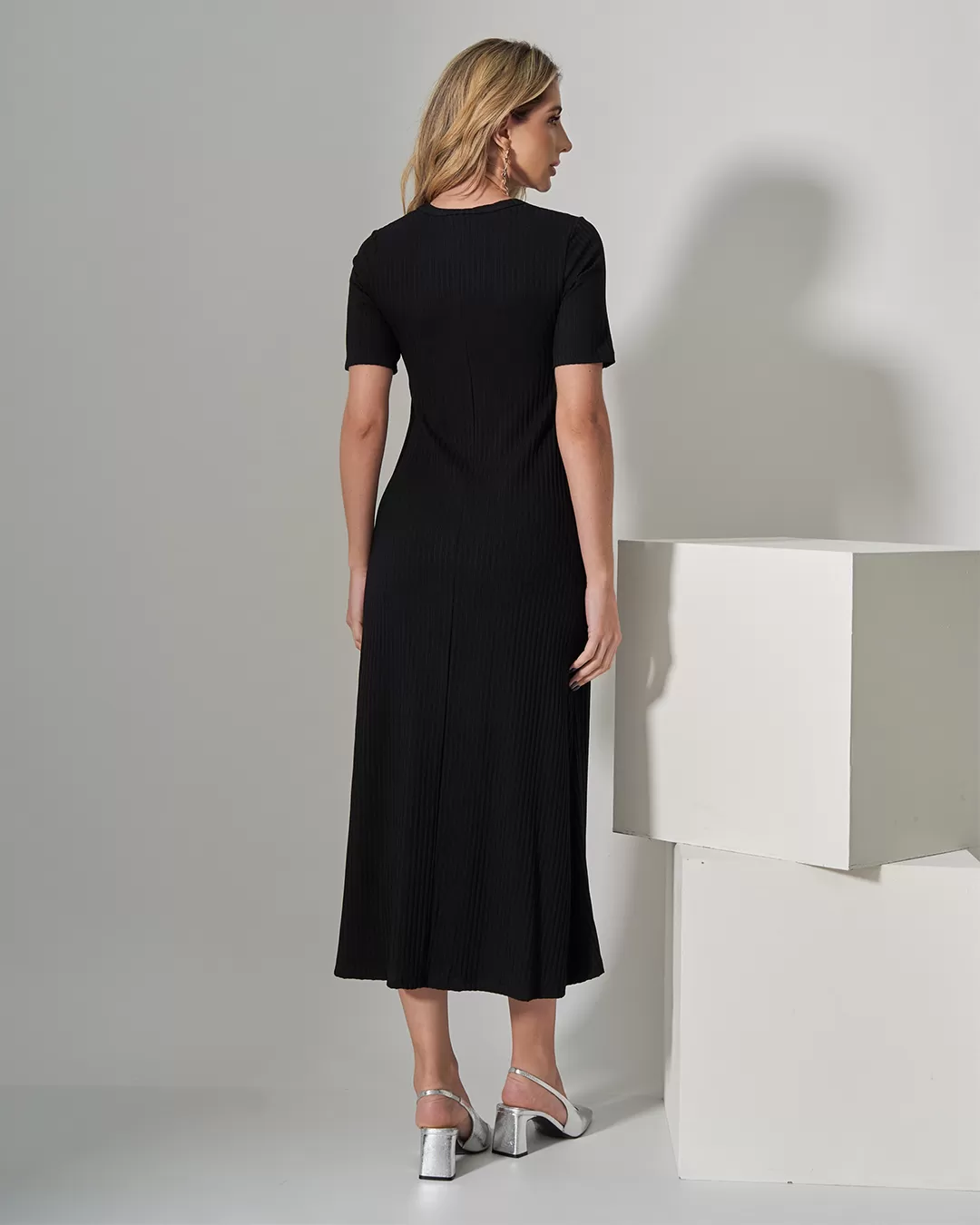 Miss Misses - Dress Miss Misses Midi Ribbed Square Collar Black - 54316PRETO