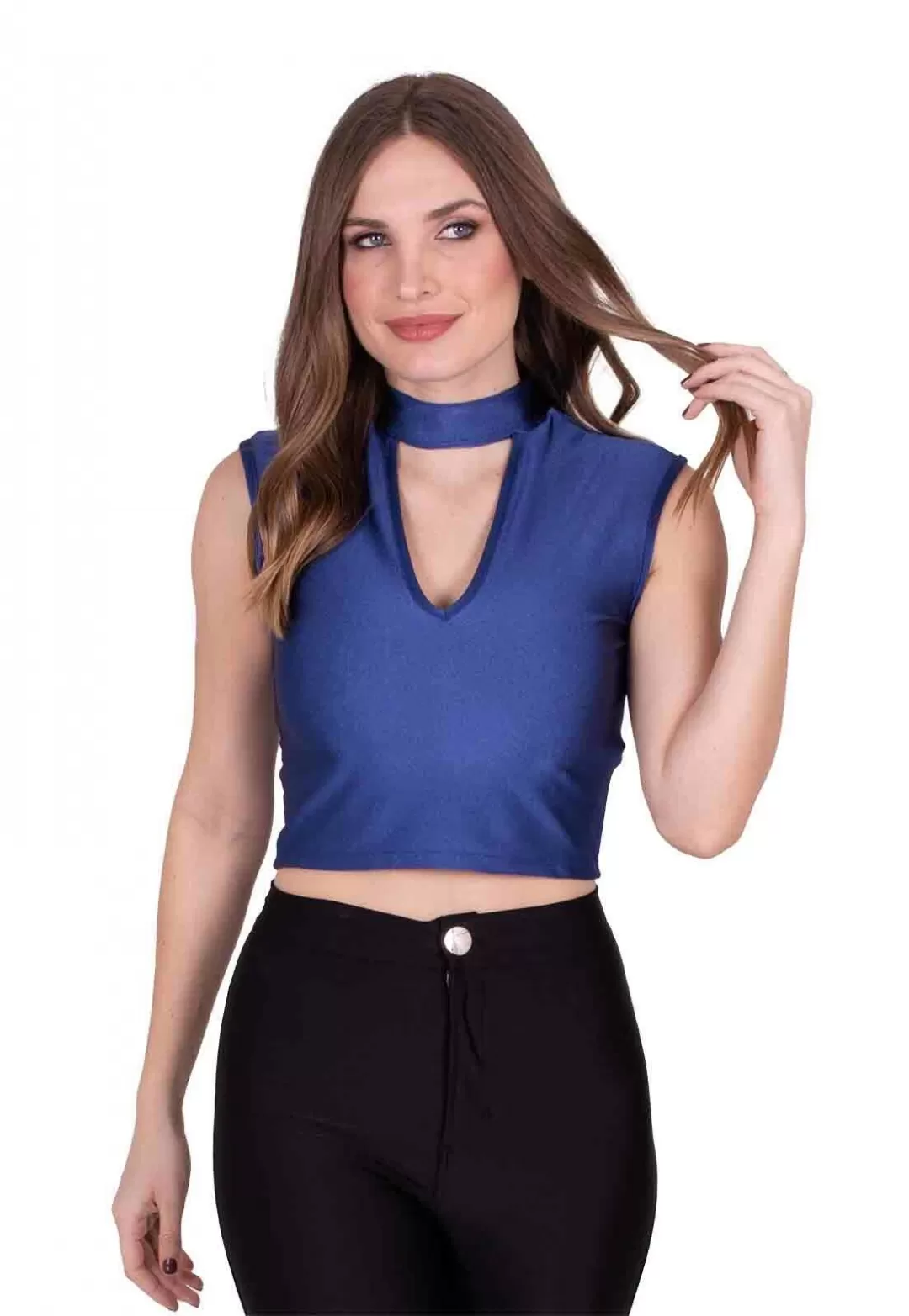 Miss Misses - Blusa Miss Misses Cirrê com Gola Choker Azul - 90157AZUL