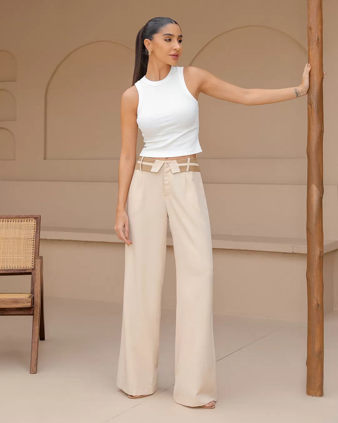 Dot Clothing - Pants Dot Clothing Wide Leg Folded Waistband Beige - 2348BEGE