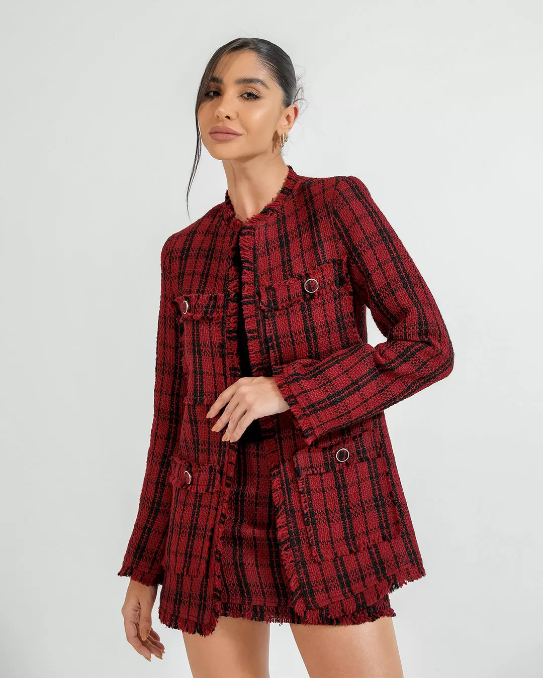 Dot Clothing - Conjunto Dot Clothing Shorts Saia e Blazer Tweed Vermelho - 2377VERMELHO