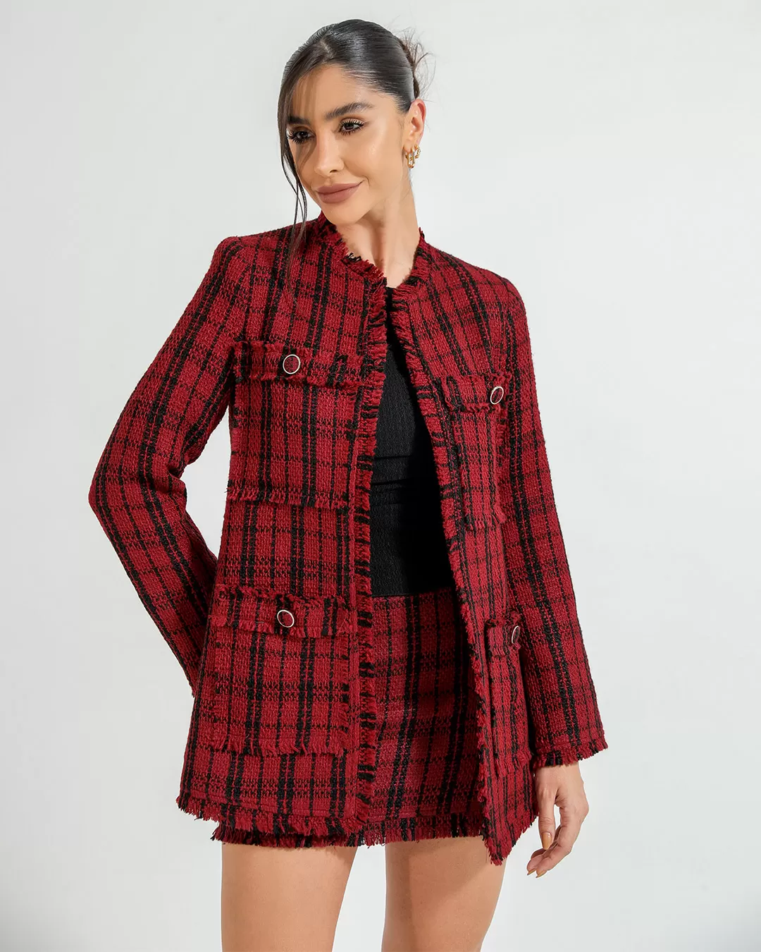 Dot Clothing - Conjunto Dot Clothing Shorts Saia e Blazer Tweed Vermelho - 2377VERMELHO