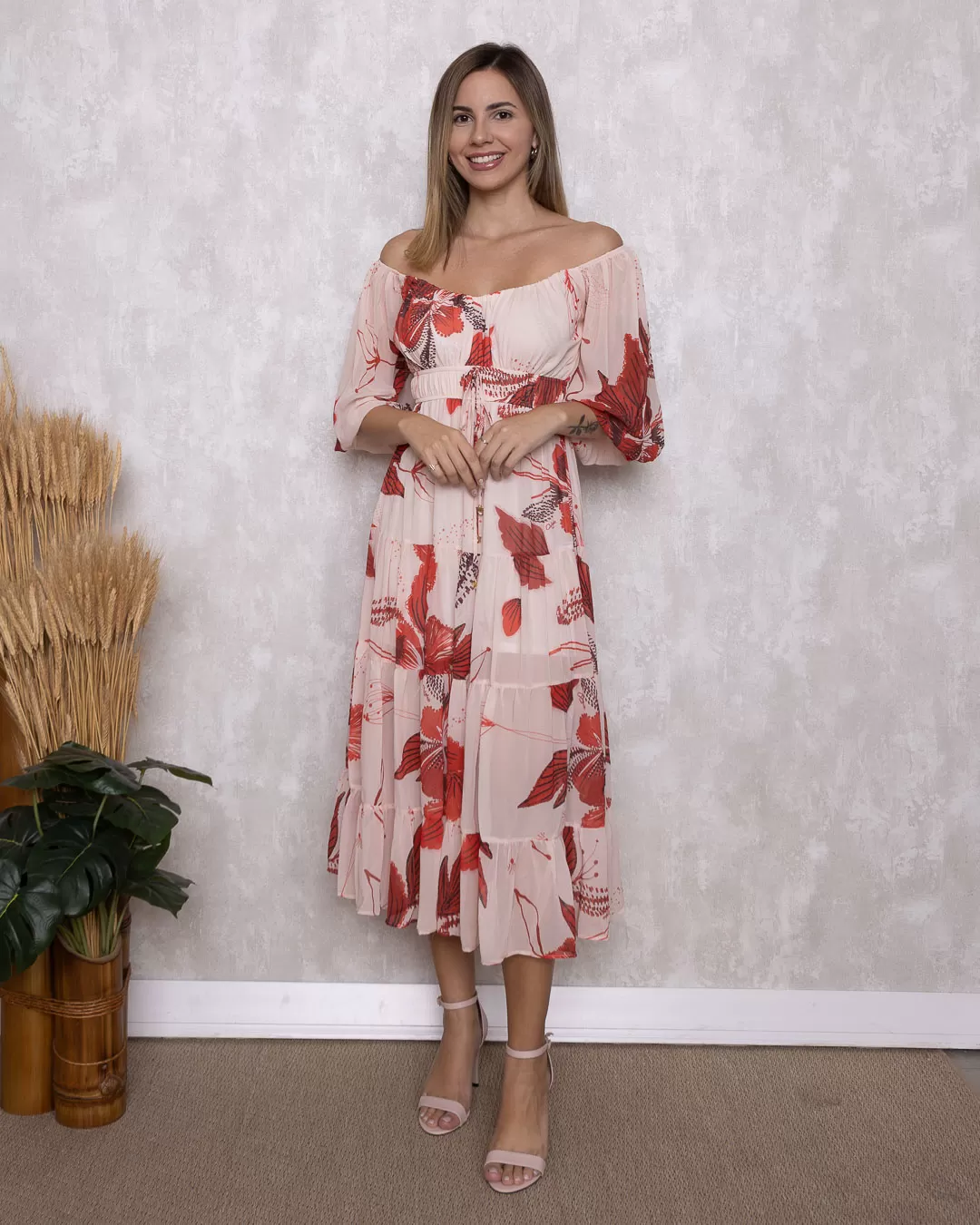 Oxigênio - Vestido Oxigênio Midi Manga Longa Estampado Vermelho - 2110421VERMELHO