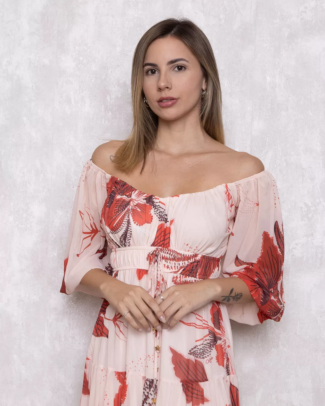 Oxigênio - Vestido Oxigênio Midi Manga Longa Estampado Vermelho - 2110421VERMELHO