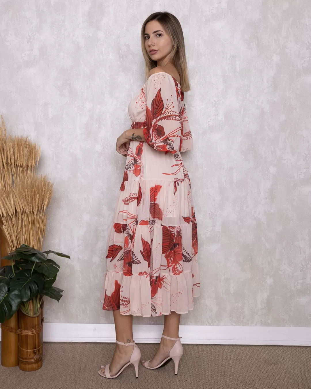 Oxigênio - Vestido Oxigênio Midi Manga Longa Estampado Vermelho - 2110421VERMELHO