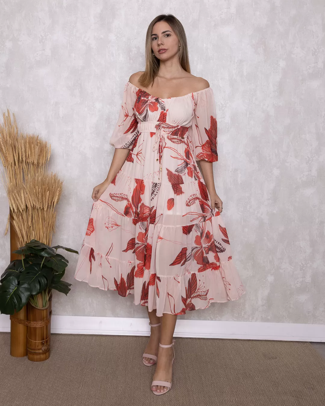 Oxigênio - Vestido Oxigênio Midi Manga Longa Estampado Vermelho - 2110421VERMELHO