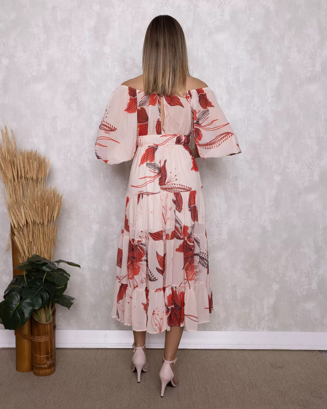 Oxigênio - Vestido Oxigênio Midi Manga Longa Estampado Vermelho - 2110421VERMELHO
