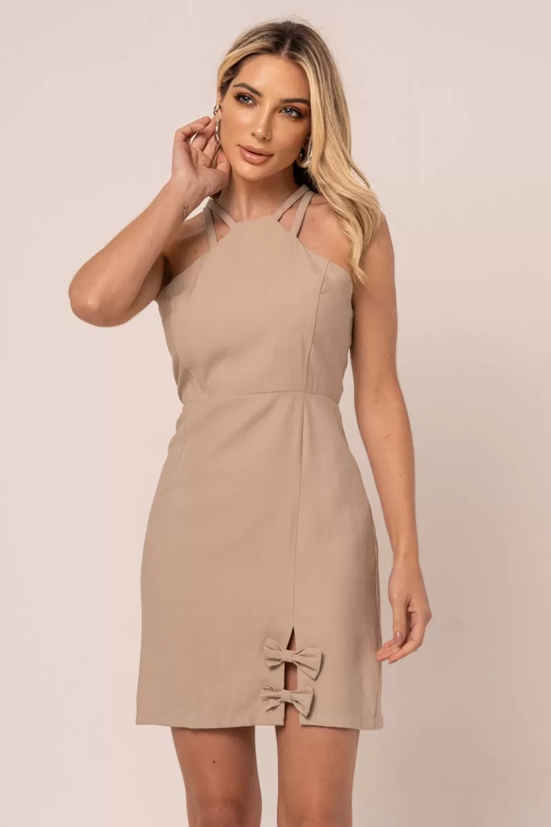 Miss Misses - Vestido Miss Misses Tubinho Laços e Fenda Bege - 54319BEGE