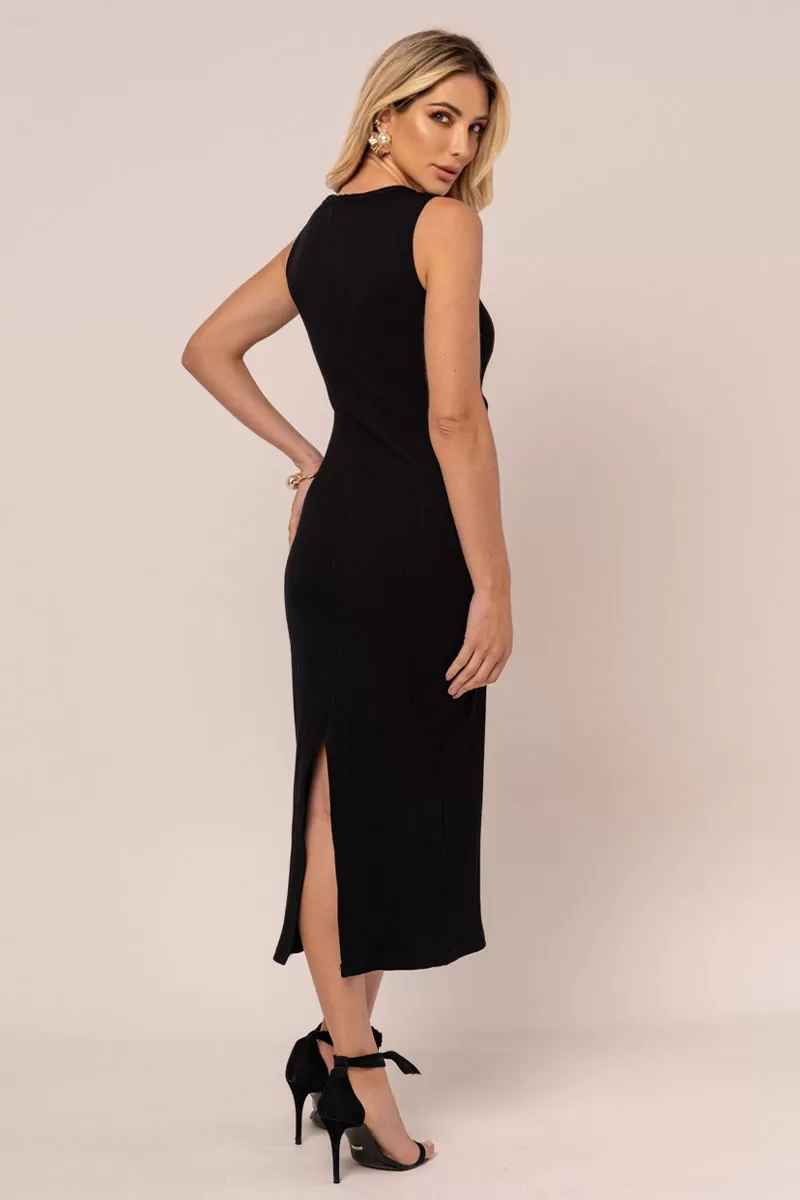 Miss Misses - Miss Misses Ribbed Midi Dress With Black Metal Detail - 54327PRETO