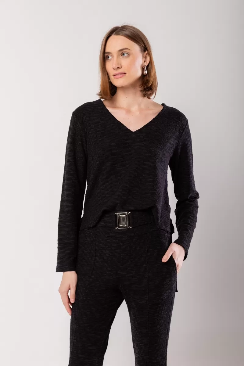 Hidrogênio - BLUSA A FIO MG LONGA PRETO - 20057001