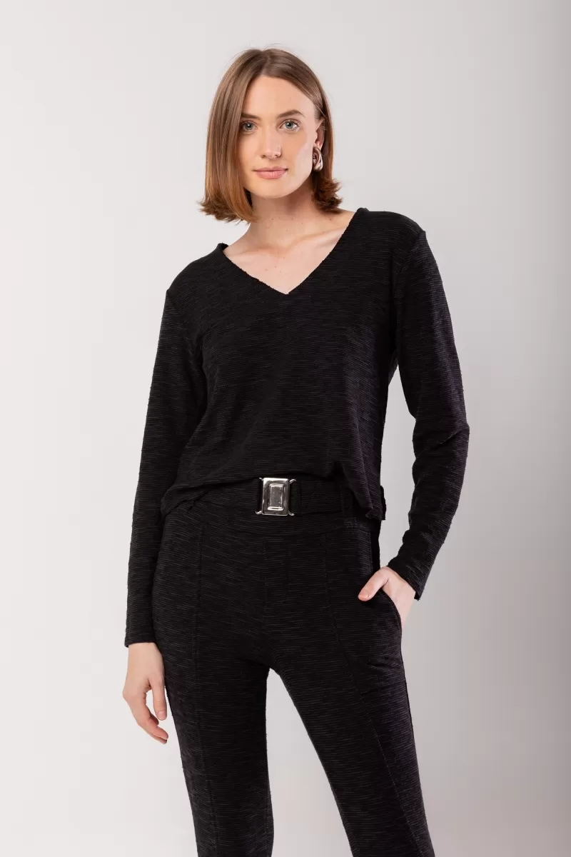 Hidrogênio - BLUSA A FIO MG LONGA PRETO - 20057001