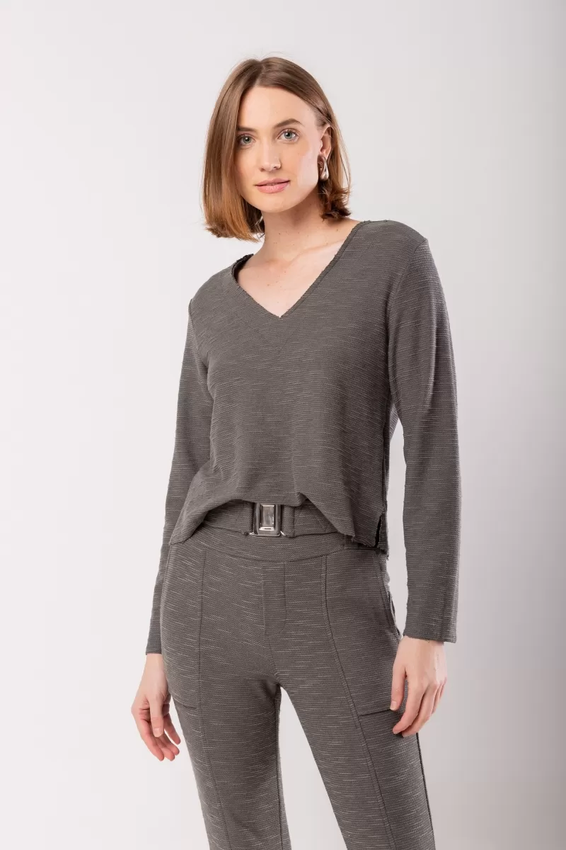 Hidrogênio - BLUSA A FIO MG LONGA CINZA - 20057030