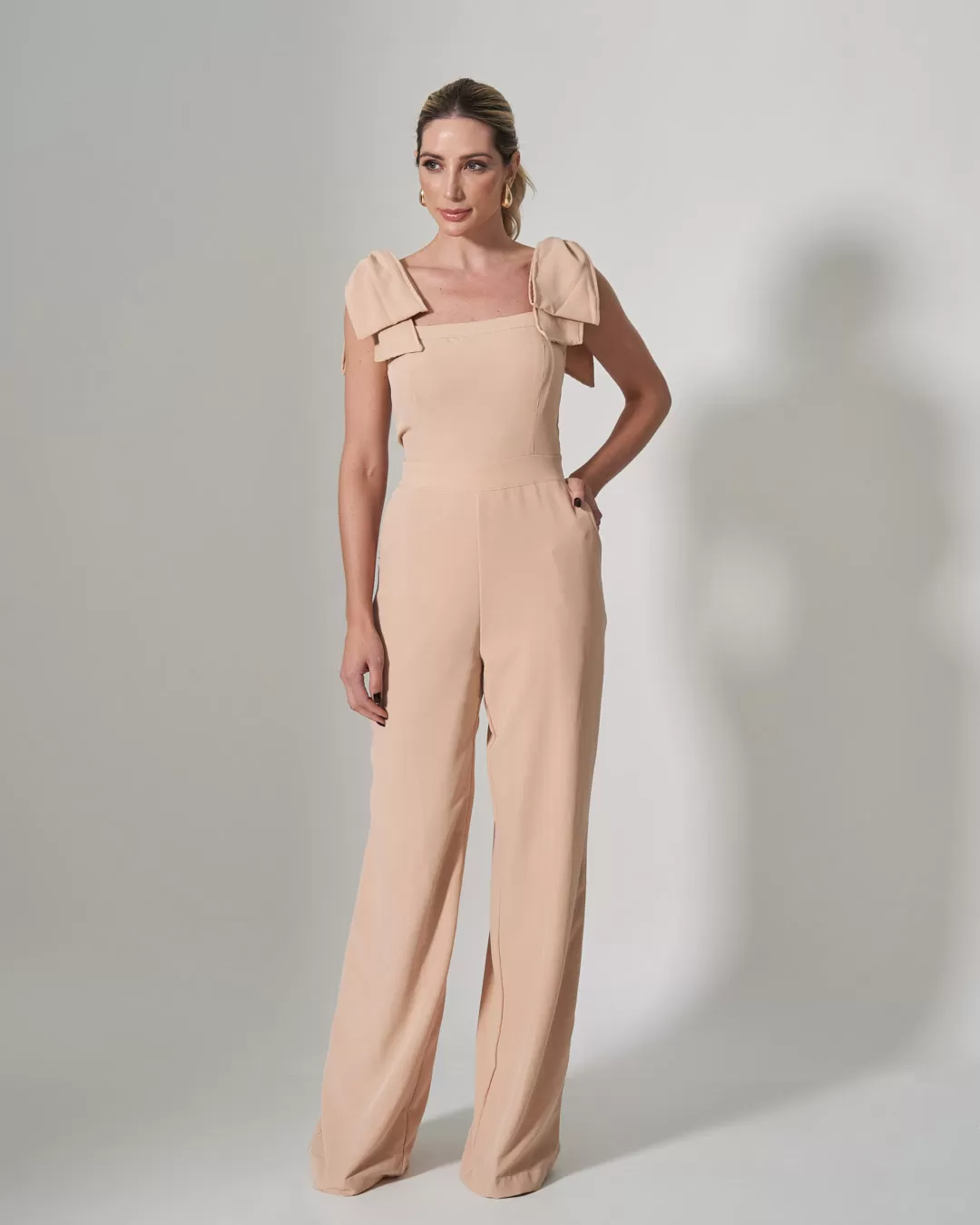 Miss Misses - Miss Misses Long Jumpsuit With Bow Shoulders Beige - 54173BEGE