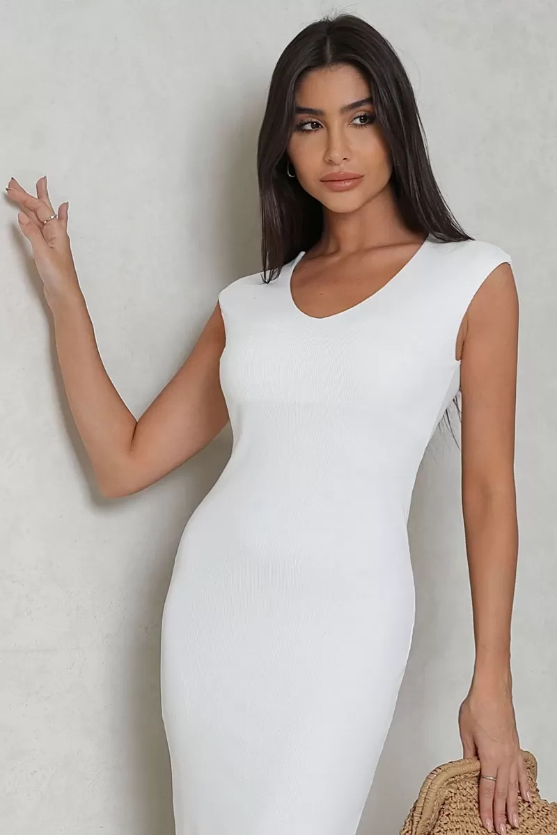 Miss Misses - Vestido Miss Misses Canelado MD Decote V Regata Branca - 54331OFF