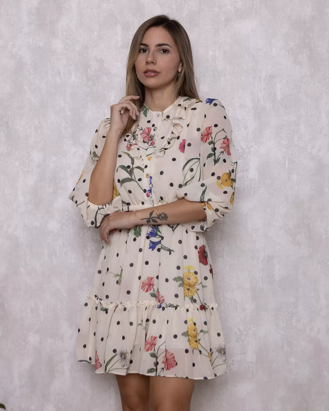 Miss Misses - Vestido Miss Misses Chiffon Estampado Babados Bege - 54105BEGE