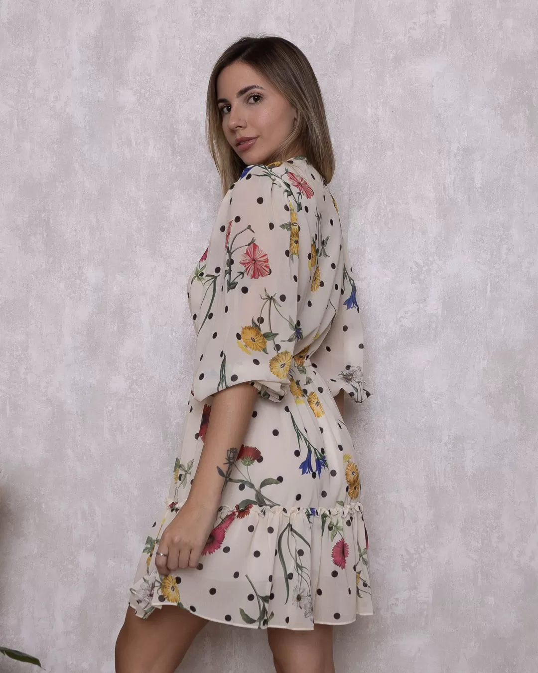 Miss Misses - Vestido Miss Misses Chiffon Estampado Babados Bege - 54105BEGE