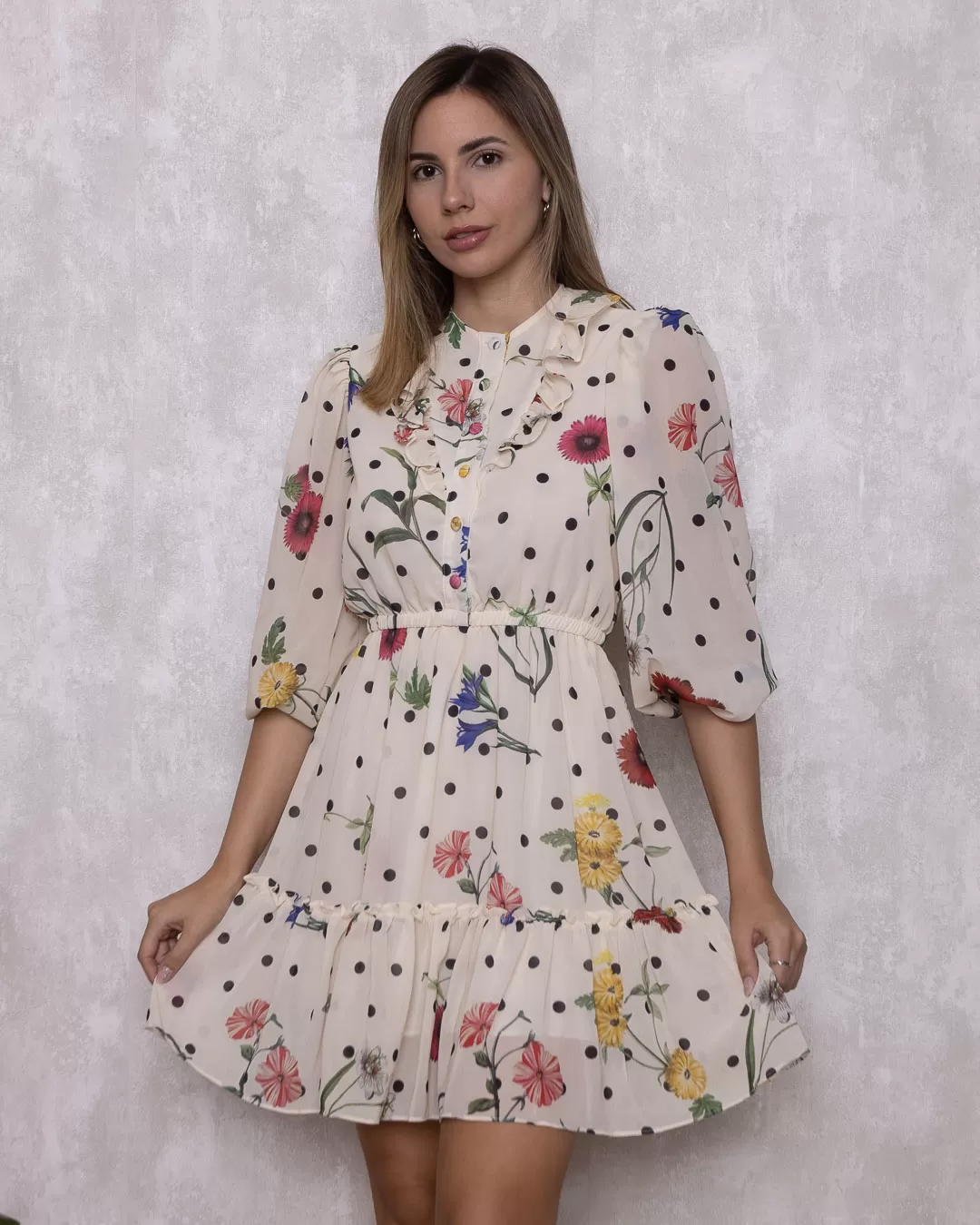 Miss Misses - Vestido Miss Misses Chiffon Estampado Babados Bege - 54105BEGE