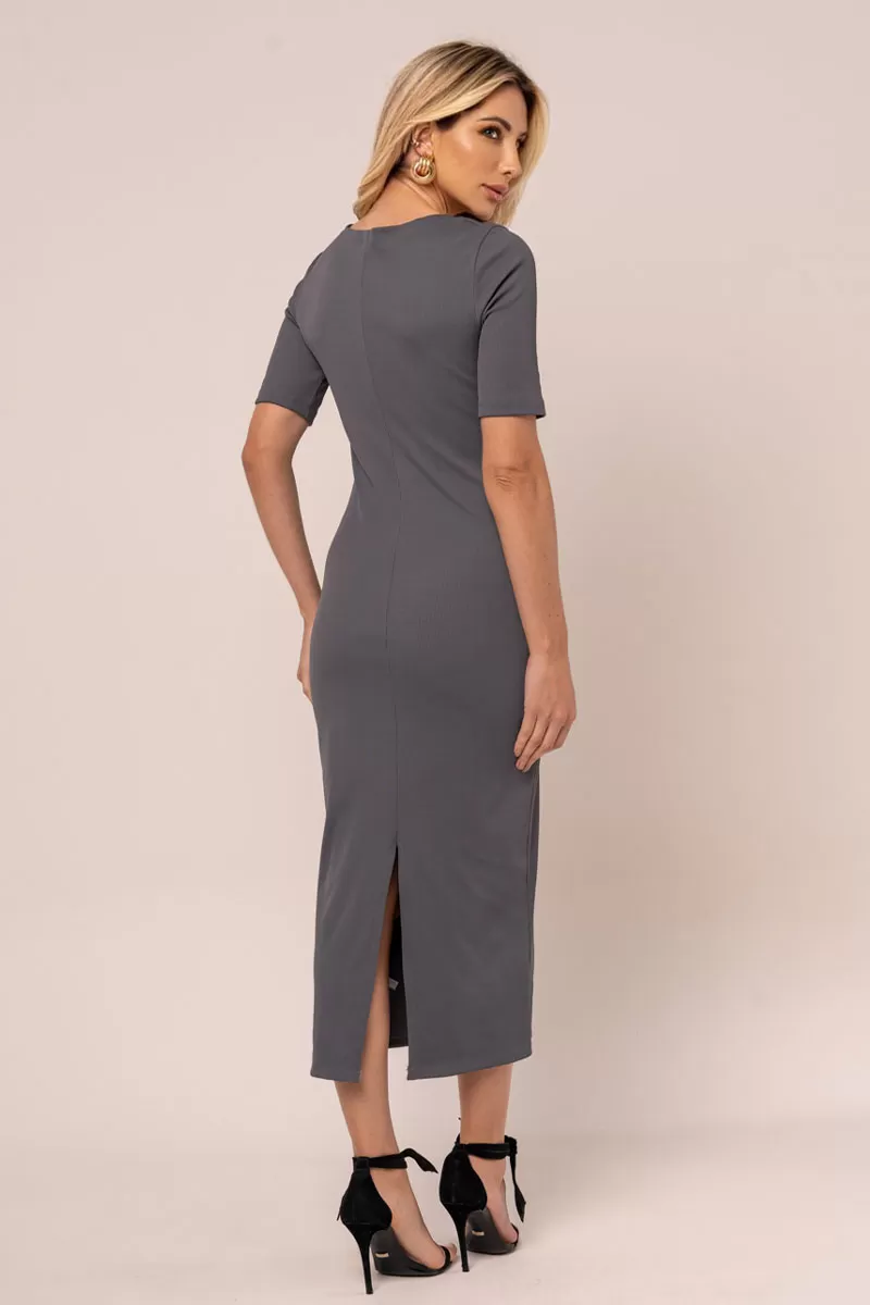 Miss Misses - Vestido Miss Misses Canelado MD Decote V Chumbo - 54329CHUMBO