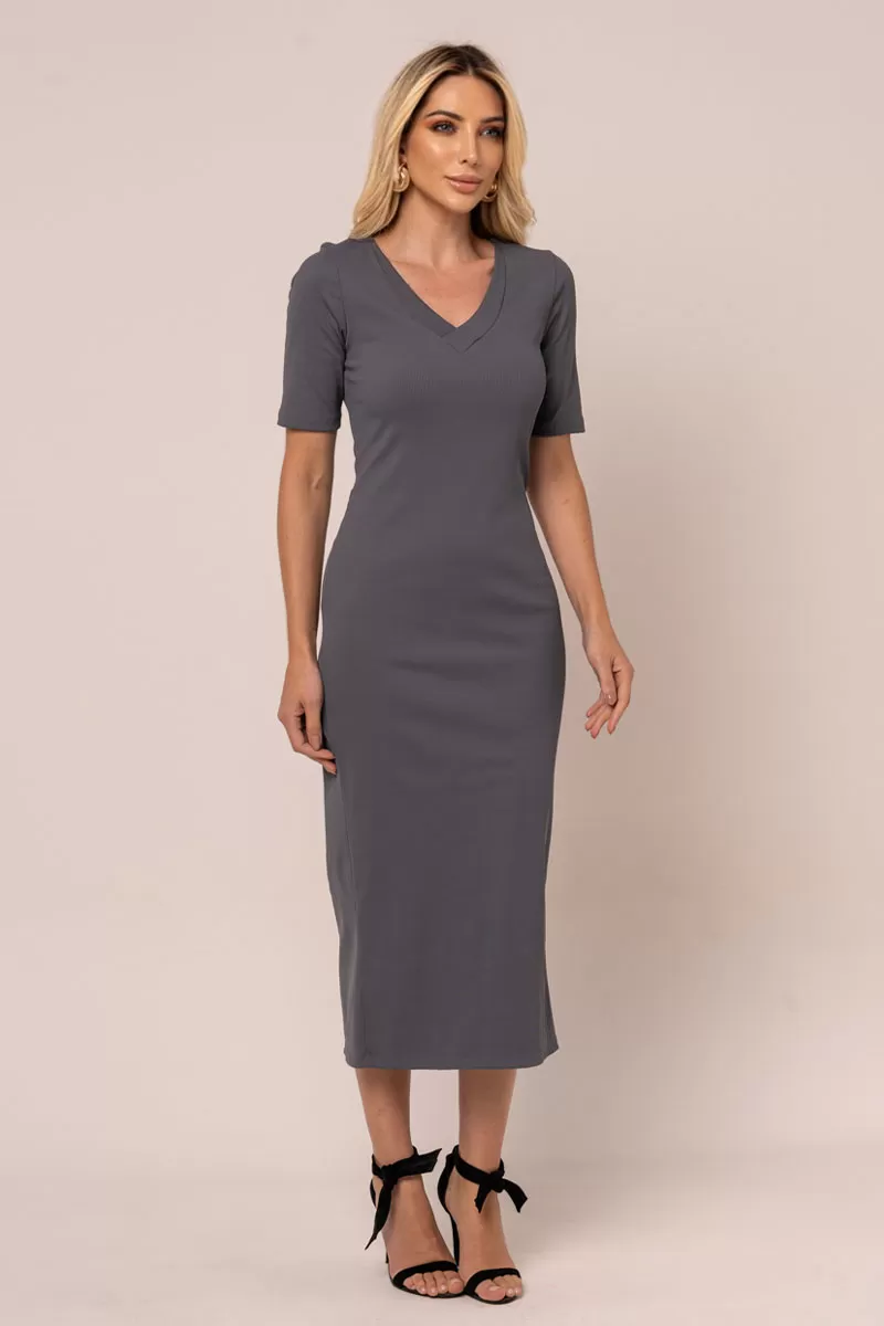 Miss Misses - Vestido Miss Misses Canelado MD Decote V Chumbo - 54329CHUMBO