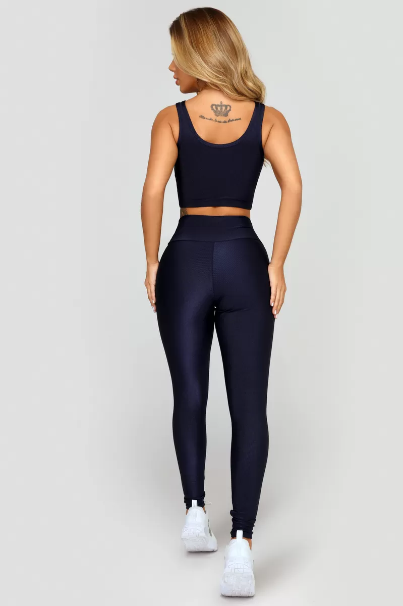 Lets Gym - Dark Blue Gold Rib Legging - 2520AZE