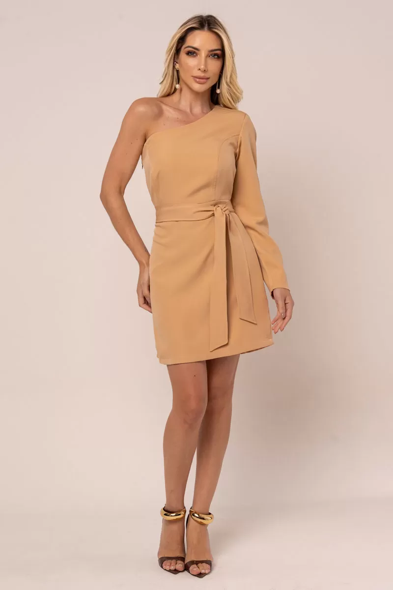 Miss Misses - Vestido Miss Misses Tubinho Manga Nula Com Cinto Bege - 54267BEGE