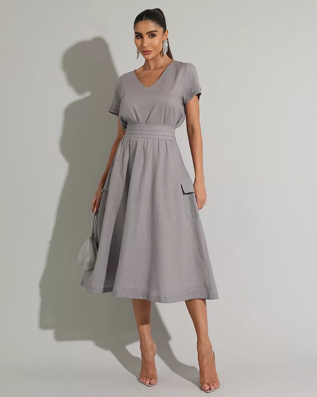 Miss Misses - Conjunto Miss Misses Blusa e Saia Midi Linho Chumbo - 54238CINZA