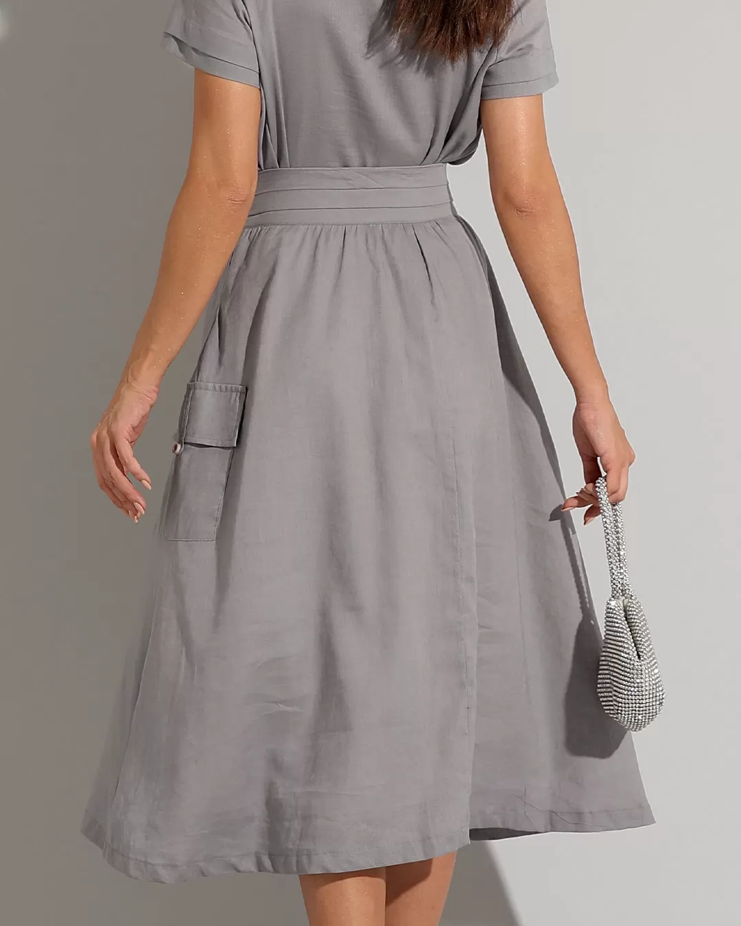 Miss Misses - Set Miss Misses Shirt and Skirt Midi Linen Lead - 54238CINZA