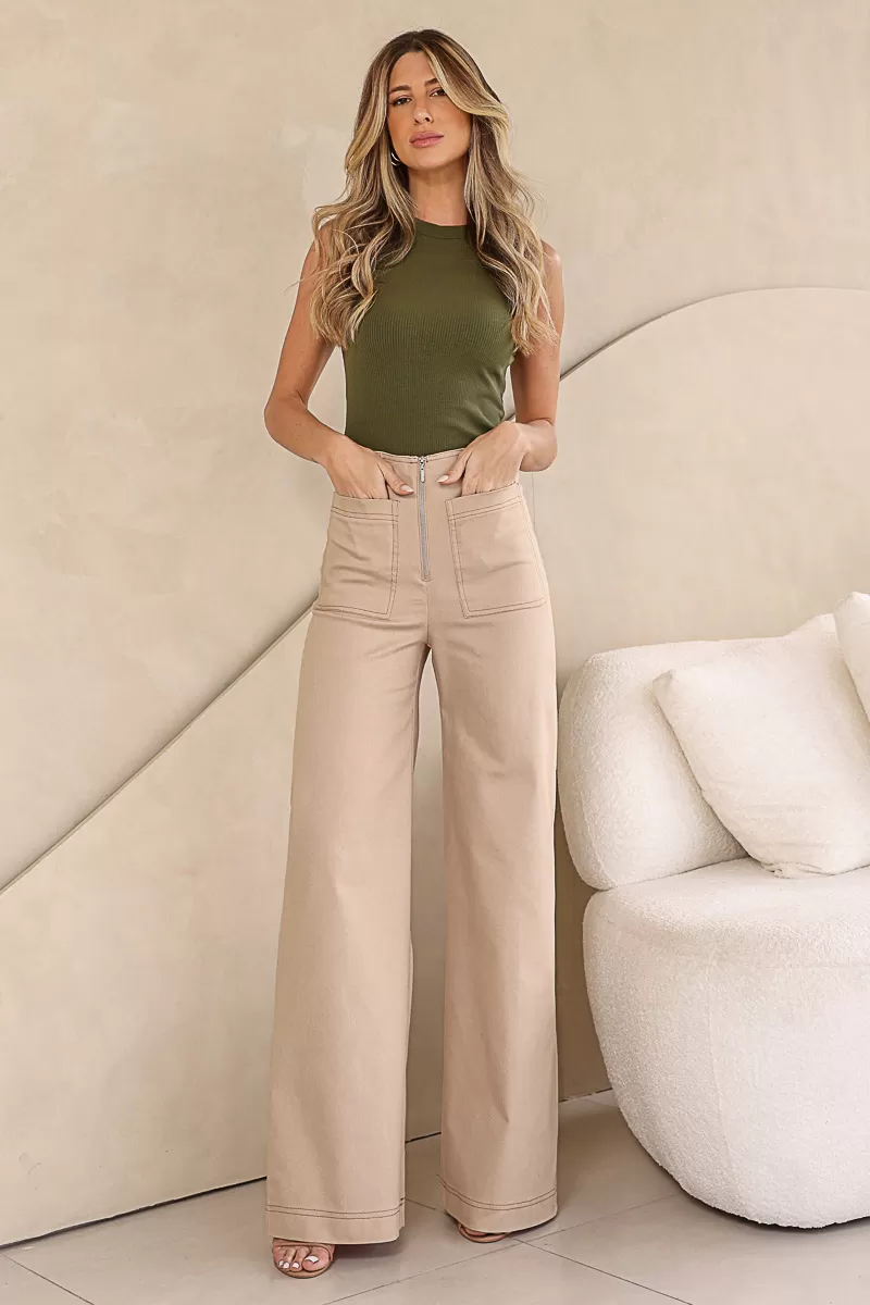 Dot Clothing - Calça Dot Clothing Sarja Pantalona Bege - 2104BEGE