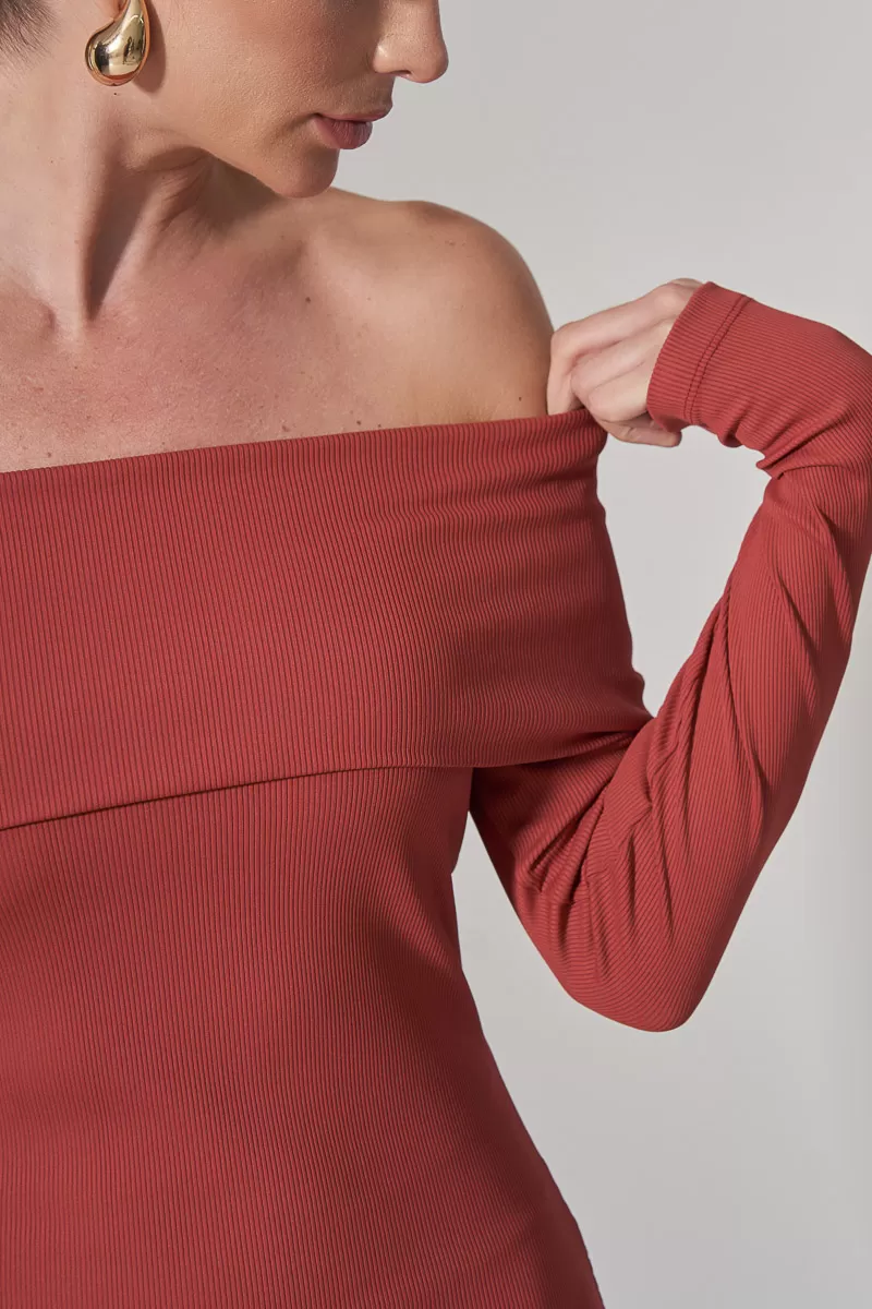 Miss Misses - Vestido Miss Misses Canelado Ombro a Ombro Telha - 80525TELHA