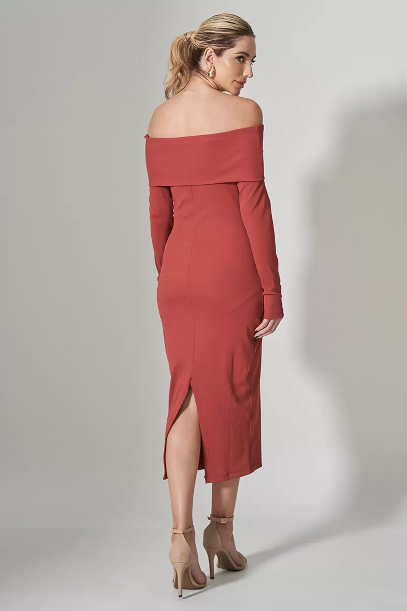 Miss Misses - Vestido Miss Misses Canelado Ombro a Ombro Telha - 80525TELHA