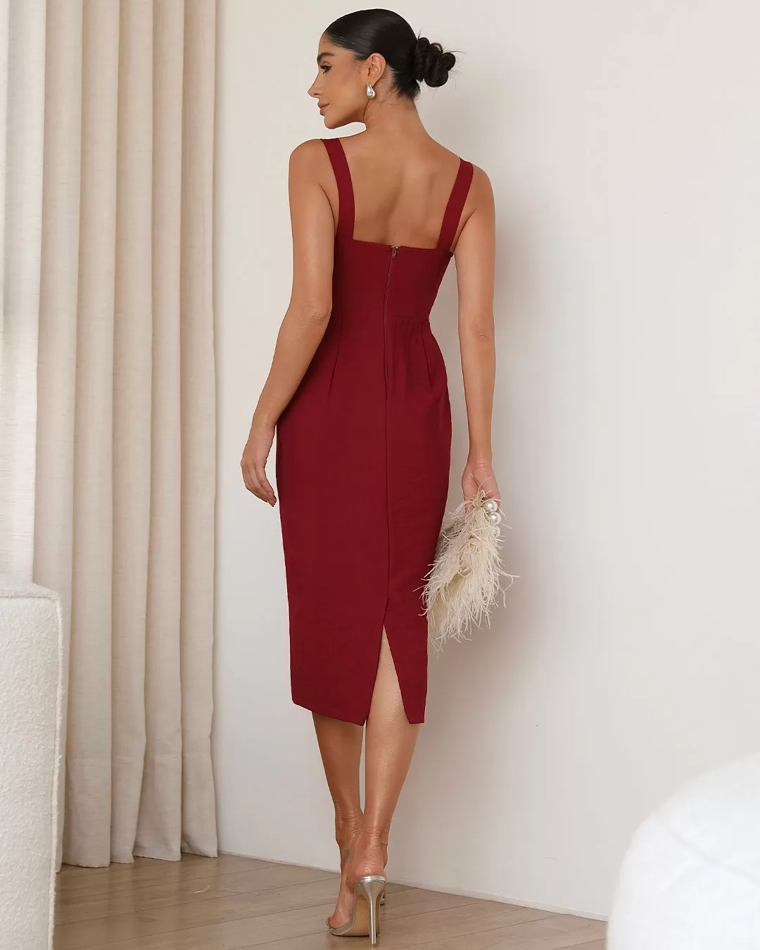 Miss Misses - Vestido Miss Misses Midi Com Bojo Decote Torcido Bordô - 80530BORDO