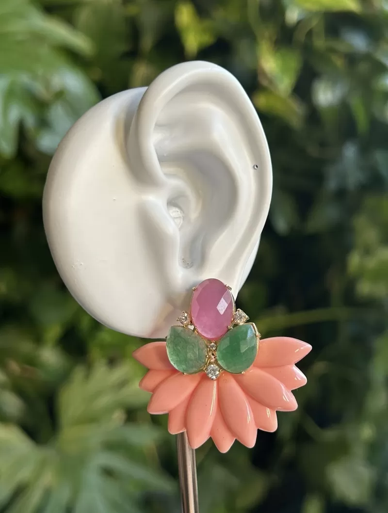 Mikabe - Brinco Festa Resina Rose com Pedras Naturais - MK1789