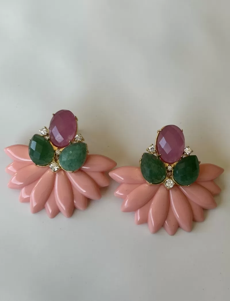 Mikabe - Brinco Festa Resina Rose com Pedras Naturais - MK1789